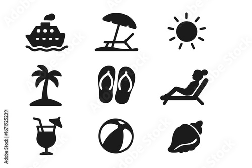 Summer beach vacation solid icon set. Travel, holiday and cruise conceptual symbols. Sun, palm, shell, ship, cocktail and flip flop glyphs. Vector cartoon illustration.