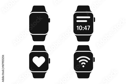 Smartwatch silhouette icon set, wearable technology symbols, digital watch vector icons collection, health, notifications, connectivity, wireless smartwatch illustrations, transparent background
