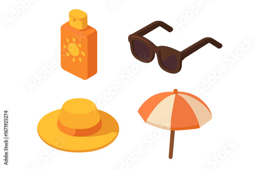 Isometric Flat Icon Set of Sun Protection Essentials Including Sunscreen Bottle, Sunglasses, Wide-Brimmed Hat, and Beach Umbrella - Summer Safety and Skin Care Vector Illustration