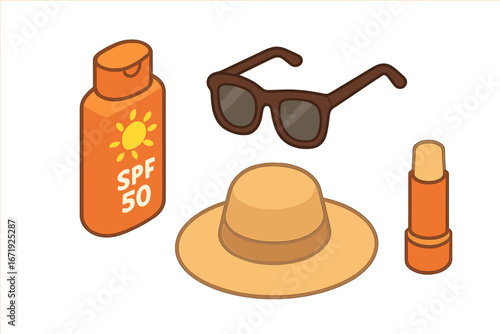 Sun Protection Essentials Icons Isometric Flat Vector Set with Sunscreen Bottle SPF 50, Sunglasses, Wide-Brimmed Hat, and Lip Balm Cartoon Illustration for Summer Safety