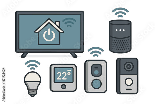 Smart home devices showcasing connectivity and functionality in a modern household setup, including smart TV, thermostat, light bulb, security cameras, and voice assistant, vector cartoon illustration