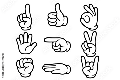 Unique cartoon hand illustrations showing various gestures in simple black and white design, transparent background, expressive finger signs, ordered set of iconic hand symbols