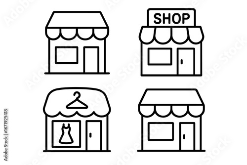 Retail shopping outline icon set, storefront shop boutique linear collection, vector cartoon illustration with transparent background, retail business icons set