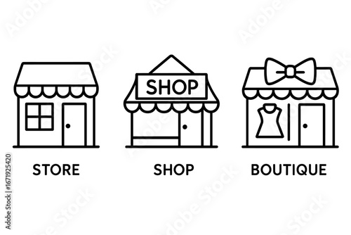 Retail shopping outline icon set with storefront, shop, boutique linear collection, vector cartoon illustration, transparent background, ordered set of 3 icons