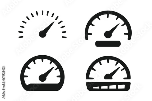 Speedometer and Gauge Silhouette Icon Set, Dashboard Performance Symbols, Vector Cartoon Illustrations Collection with Transparent Background, Ordered Set 3