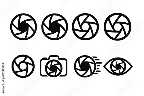 Various aperture icon designs illustrating photography concepts, camera shutter symbols, lens diaphragm elements, speed and focus elements, vector cartoon illustration set