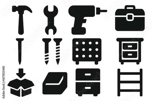 Tools and Storage Solid Icons Set – Filled Silhouette Organization Symbols, Vector Cartoon Illustration with Transparent Background, Hammer, Wrench, Drill, Screws, Toolbox, Shelving, Boxes, Drawers