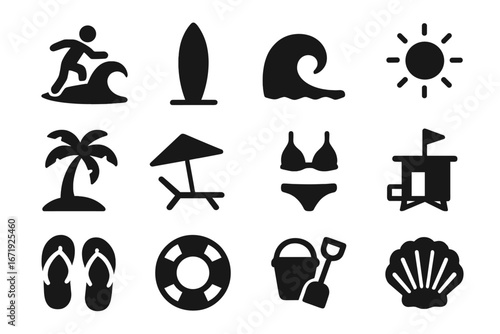 Beach and surfing solid glyph icon set. Summer vacation symbols. Sea and ocean holiday concept. Vector silhouette icons of wave, surfboard, sun, palm tree, and bikini.