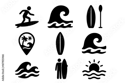 Surfing and ocean silhouette icon set. Summer water sport, wave, and location icons. Vector collection for beach travel, surfboard, paddleboarding, and summer vacation design.