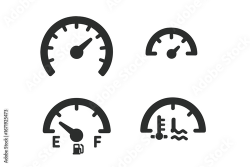 Speedometer and Gauge Icon Set, Automotive Dashboard Metrics, Solid Vector Symbols, Car Instrument Panel Controls, Fuel, Temperature, Speed, and Dashboard Indicators