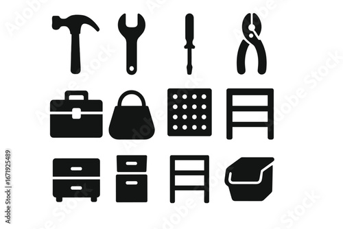 Solid silhouette tools and storage icons set, filled vector collection of hammer, wrench, screwdriver, pliers, toolbox, bag, drawer, shelf, and container symbols for organization and maintenance