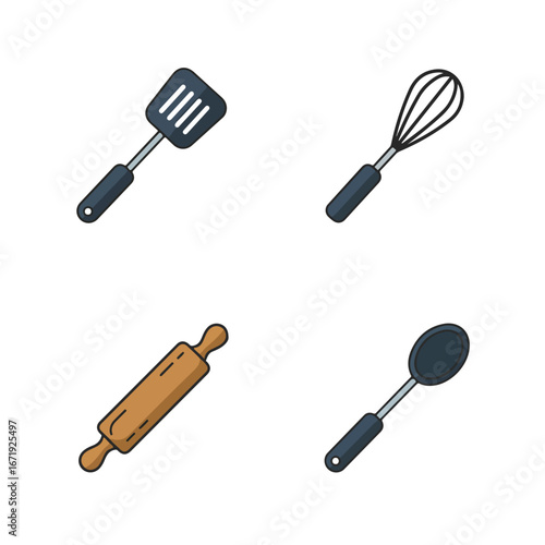 Culinary tools flat lay spatula, whisk, rolling pin, and spoon on white