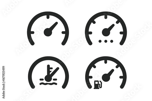 Automotive speedometer and gauge icon set, solid vector illustration, metric car dashboard indicators, fuel, temperature, and performance gauges collection, cartoon style
