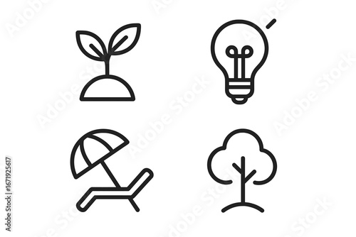 Minimalist vector icons representing growth, creativity, leisure, and nature with clean line art design on transparent background for modern concepts and branding