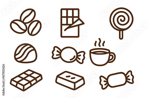 Various Chocolate and Confectionery Symbols Featuring Coffee Beans, Chocolate Bars, Candies, Lollipops, and Hot Drinks in Simple Line Art Style, Vector Cartoon Illustration