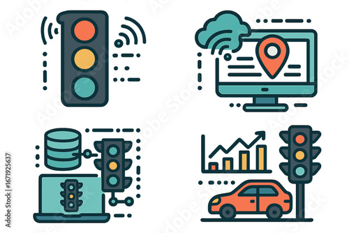 Advanced Traffic Signal Technology Enhancing Urban Safety and Efficiency Through Real-Time Data Communication, Smart Traffic Management, and Connected Vehicles Vector Cartoon Illustration