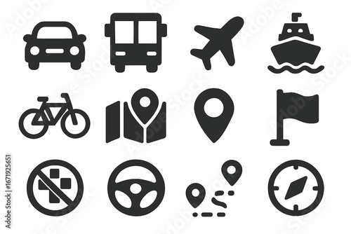 Transport and Navigation Solid Icons Set - Filled Traffic, Travel Symbols, Vehicle and Map Pin Icons, Navigation, Direction, Route, Travel and Transport Vector Illustration with Transparent Background