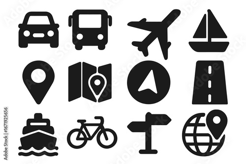 Transport and navigation solid icons set with filled traffic and travel symbols, vector cartoon illustration with transparent background, ordered set of travel, transport, navigation icons