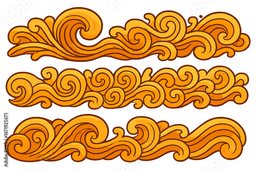 Stylized wave patterns in warm tones showcasing flowing organic shapes and intricate swirls, vector cartoon illustration, seamless decorative design elements, ordered set of 3