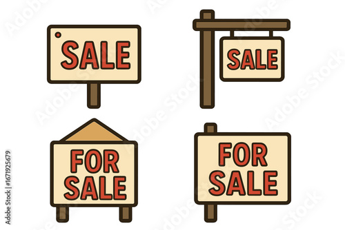 Sale and For Sale Signs Icons, Real Estate Housing and Property Advertisement Boards, Vector Cartoon Illustrations with Transparent Background, Ordered Set 1 for Marketing and Retail