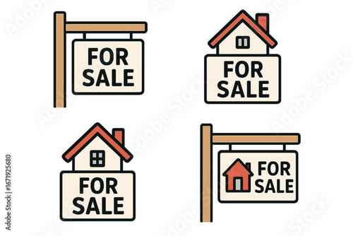 Real estate for sale icons, housing signs, property sale advertisement boards, vector cartoon illustration set with transparent background, ordered set of house and sign graphics