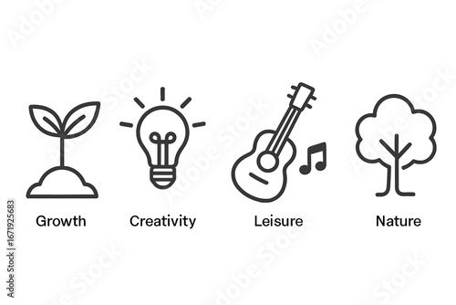 Minimalist vector icons representing growth, creativity, leisure, and nature concepts in a clean, modern cartoon style, transparent background, ordered set illustration