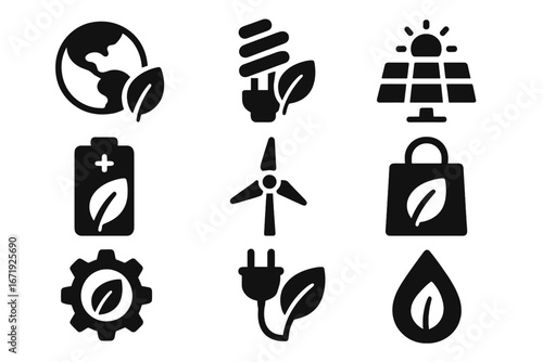 Sustainable technology and energy solid icons set, eco green renewable resources vector cartoon illustration with transparent background, environment icons collection