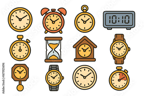 Various Clock and Time Icons Collection with Different Timekeeping Devices and Styles, Cartoon Vector Illustration of Watches, Alarm Clocks, Hourglass, Stopwatch, and Digital Clock