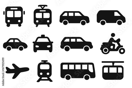 Solid Black Transportation Icons Set Including Commute Travel Vehicle Symbols, Public Transit, Cars, Motorbike, Airplane, Train, Cable Car - Vector Cartoon Illustration with Transparent Background