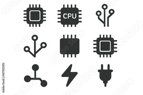 Technology and Circuit Solid Icon Set, Electronics Icons Including CPU, Microchip, USB, Power, and Plug Symbols, Vector Cartoon Illustration Transparent Background, Ordered Set