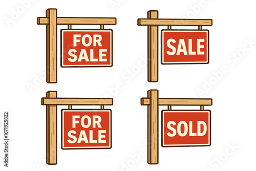 Real estate sale signs collection. Red "For Sale," "Sale," and "Sold" vector cartoon illustration set. Isolated on transparent background. Property market and housing sale concept.