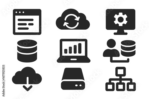 Technology data management solid icon set with software cloud storage backup symbols, secure data networking, database, analytics, and system configuration vector illustration