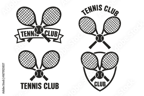 Tennis club emblems with crossed racquets and tennis balls in elegant monochrome style, vector cartoon illustration set with shield and banner design on transparent background