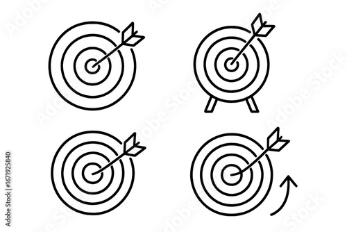 Target icon set with arrow hitting bullseye, aim and goal symbols collection, vector outline, cartoon style, transparent background, precision, success and achievement concept