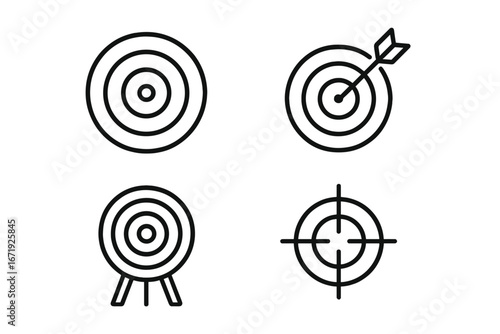 Target icons set, aim, bullseye, goal target symbols collection, vector outline icons, cartoon style illustration, transparent background, ordered set, precision and focus symbols