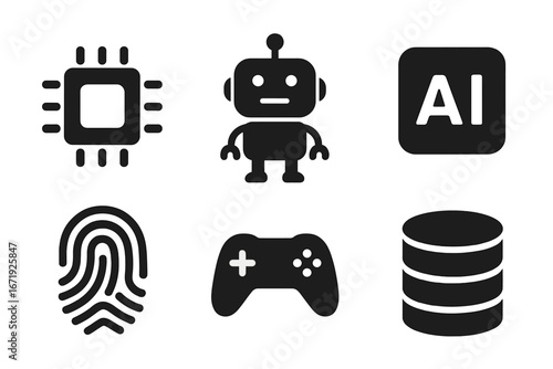 Technology solid icon set featuring microchip, robot, AI, fingerprint, gaming controller, and data storage symbols in vector cartoon style with transparent background, ordered set two