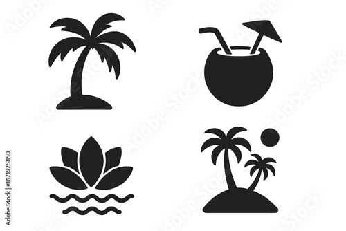 Tropical silhouette icons set with filled solid beach and island symbols, palm trees, coconut drink, lotus flower, ocean waves, summer vacation, paradise illustrations, vector cartoon design