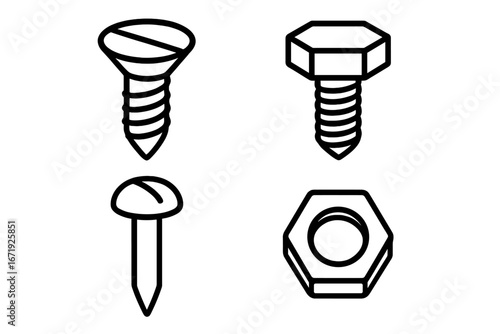 Detailed vector set of screw, bolt, nut, and nail icons with metalware tool symbols, hexagonal shapes, and cartoon style transparent background illustration