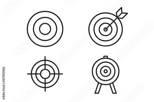 Target Icons Set with Aim, Bullseye, Goal Symbols Collection, Vector Outline Design, Cartoon Style, Transparent Background, Four Unique Goal and Target Illustrations