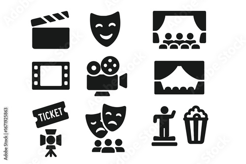Theater and Cinema Solid Icon Set, Film and Performance Entertainment Collection, Vector Cartoon Illustration with Transparent Background, Movie Camera, Masks, Tickets, Popcorn, Stage Audience