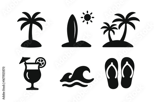 Tropical silhouette icon set filled solid black beach and island symbols with palm trees, surfboard, sun, waves, cocktail, and flip flops for summer, vacation, and travel design