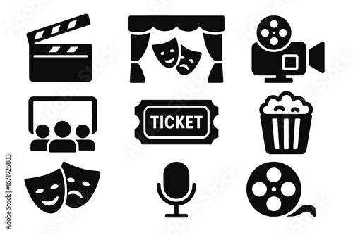 Theater and Cinema Icon Set, Film and Performance Symbols, Entertainment Collection Vector Illustration, Movie Camera, Drama Masks, Ticket, Popcorn, Microphone, Audience, Creative Arts Icons