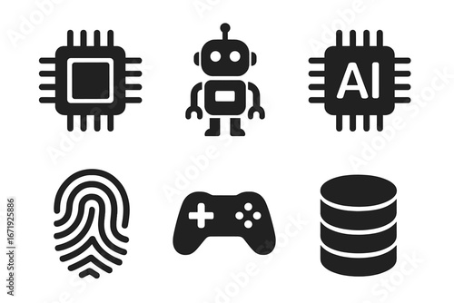 Technology solid icon set with microchip, robot, AI, fingerprint, gaming controller, and data storage symbols, vector cartoon illustration with transparent background, ordered set 4