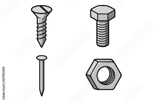 Vector set of metal fasteners icons including screw, bolt, nut, and nail in cartoon style with transparent background, tool symbols, hardware elements, industrial and construction equipment
