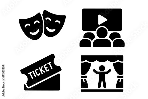 Theater and Cinema Solid Icon Set with Performance, Audience, Stage, Ticket, and Entertainment Symbols in Vector Cartoon Style with Transparent Background