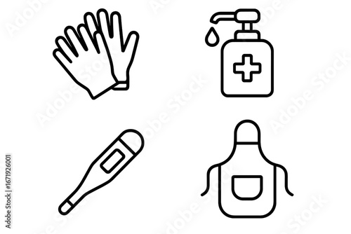 Vendor Safety Hygiene and Protection Icon Set, Outline Vector Illustrations of Disposable Gloves, Hand Sanitizer, Digital Thermometer, Protective Apron for Food Service and Health Safety
