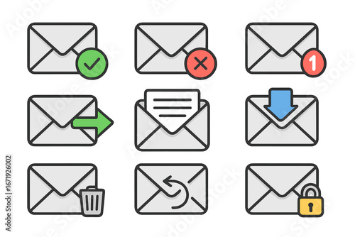 Various envelope icons representing different email actions and functions in a simple and clean cartoon style vector illustration with transparent background, ordered set of mail symbols