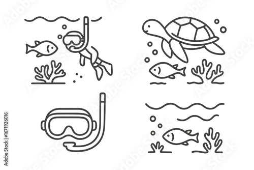 Underwater exploration concepts featuring snorkeling gear, marine life including fish and turtle, coral reefs, ocean waves, minimalist style vector illustrations, transparent background