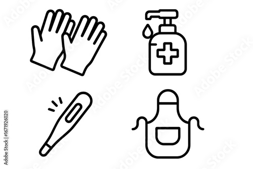 Vendor Safety Icons Outline Set of Hygiene and Protection for Vendors with Disposable Gloves, Hand Sanitizer, Thermometer, Apron, Health and Safety Vector Cartoon Illustration