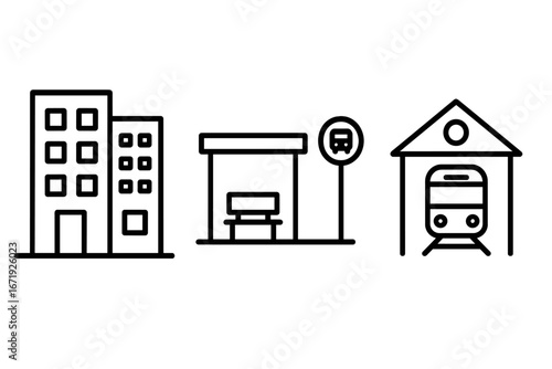 Transit oriented development icons, outline vector set of urban zones with mixed-use buildings, bus stop shelter, and train station, public transport and city infrastructure illustration